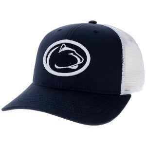 navy front and brim trucker hat with stitched Penn State Athletic Logo